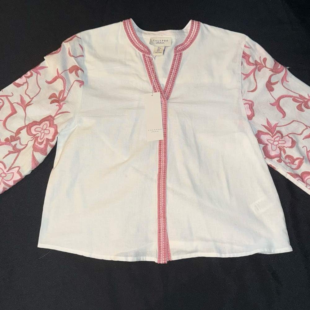 Calypso St. Barth White Top with Pink Embroidery